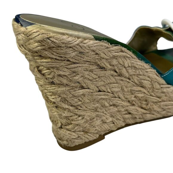 JESSICA SIMPSON Wedge Heels Pink Blue Green Plaid Buckle Open Toe GALVIN Sz 6 B - Picture 8 of 12